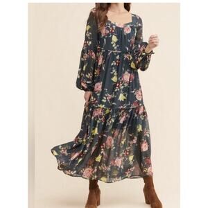 Anthropologie Teal Floral Maxi Dress XS Long Sleeve Boho